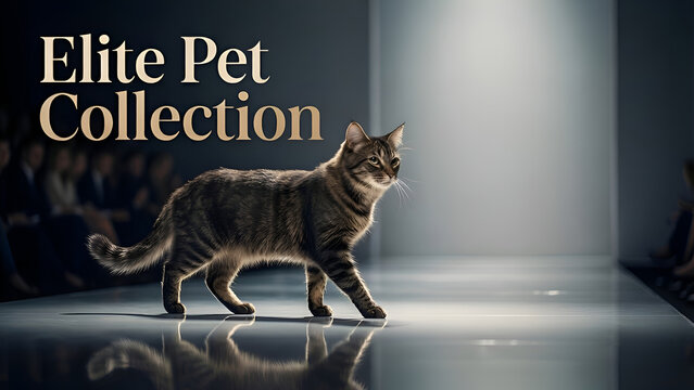 Beautiful fluffy cat walking on a catwalk fashion runway with blur background and text elite pet collection