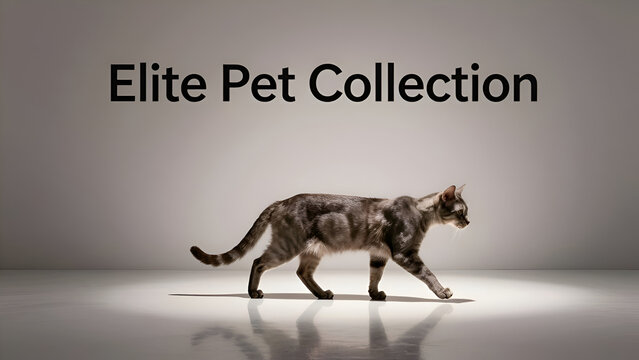Graceful silver tabby cat walking on white stage runway with text elite pet collection