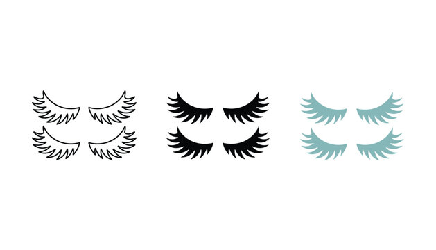 False eyelashes icon set for beauty and cosmetic industry featuring thick volume and natural lash extensions in line solid and colored vector graphic design for makeup application and salon web