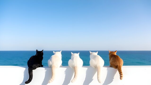Five multi colored cats sitting in a row facing the turquoise blue sea