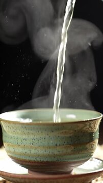 Pouring hot green tea into a textured ceramic cup, steam swirling in dark background, calm and refreshing