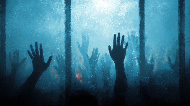 Many silhouetted hands reaching up behind a frosted glass window inside a dark room with bright blue light