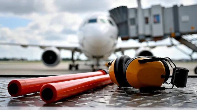 Macro Shot Of Bright Orange Marshaling Wands And Ear Protection Headphones At Airport With Airplane In Background