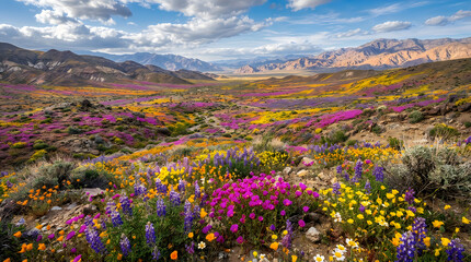 Obraz premium Vibrant wildflower field with colorful blooms under blue sky