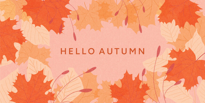 Autumn Greeting Card with Orange Maple and Beige Leaves border, Decorative Branches and Hello Autumn text. Flat Vector illustration for seasonal banner, poster, invitation, social media template