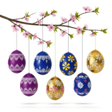 Beautifully Decorated Easter Eggs Hanging From A Blooming Cherry Blossom Branch Isolated On White