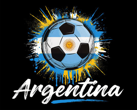 Argentina soccer ball emblem with national flag colors and paint splatter effect on a black background, with white text, sports