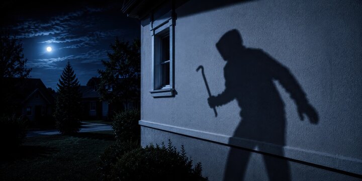 Shadow of a burglar holding a crowbar outside a residential house at night. Burglary attempt, forced entry, home invasion, property crime, residential security and crime prevention concept