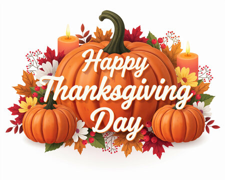 Large orange pumpkin with two smaller pumpkins and lit candles surrounded by autumn leaves and berries for a happy thanksgiving day card