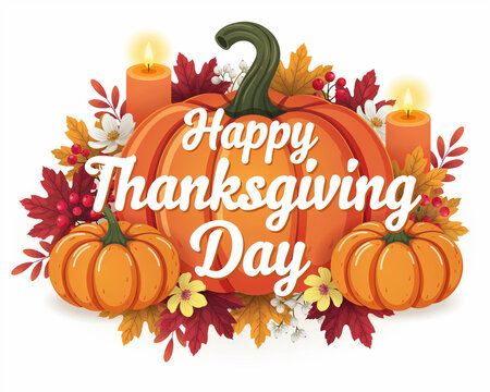 Large orange pumpkin with two smaller pumpkins and lit candles surrounded by autumn leaves and berries for a happy thanksgiving day card