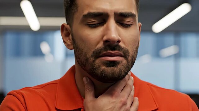Man experiencing sore throat, touching his neck in pain, feeling unwell.