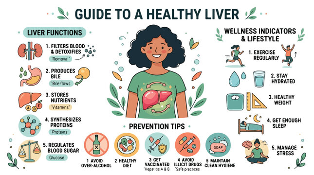 Infographic titled 'Guide to a Healthy Liver' with illustrations of a woman and liver functions, wellness indicators, and prevention tips.
