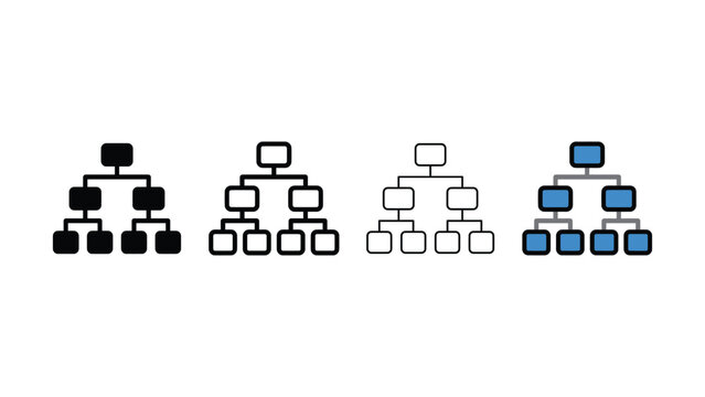 Four different colored flowcharts with various node connections and shapes on white background