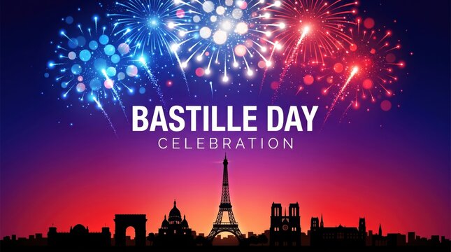 Bastille day celebration featuring a black silhouette of the paris skyline with the eiffel tower under a night sky filled with bright blue and red fireworks explosions