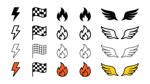 Collection of various icons including lightning bolts flames flags and wings