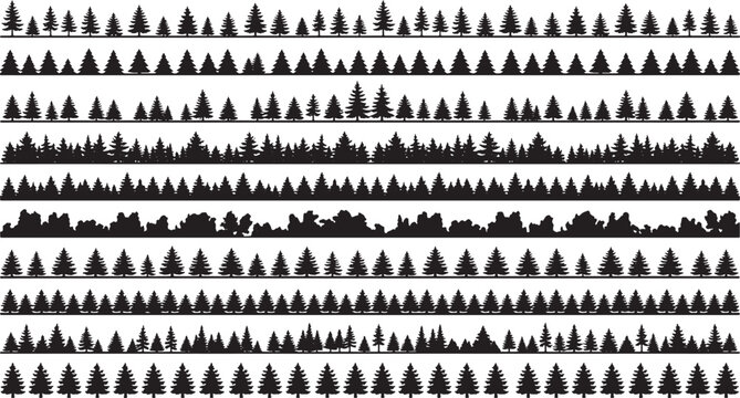 Set of coniferous forest silhouettes and pine tree borders for landscape design and nature graphic projects