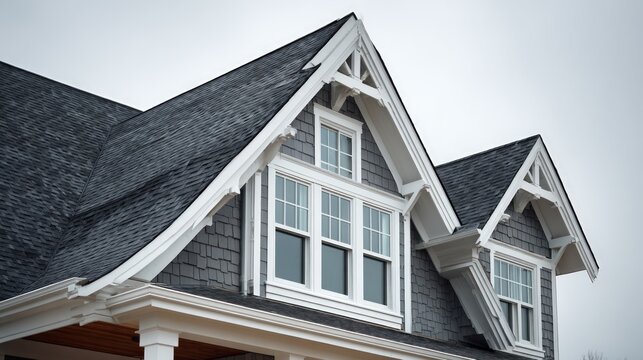 Modern craftsman house roof with grey shingles and white trim against a cloudy sky