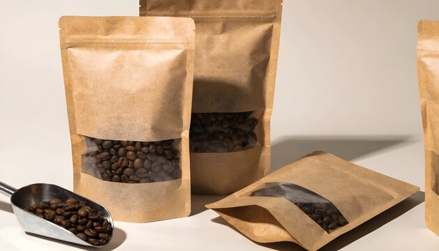 Fresh coffee beans in kraft paper bags with scoop on white background minimalist still life