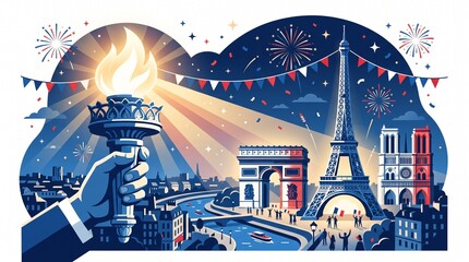 Bastille Day France Skyline with Eiffel Tower and Arc de Triomphe, July 14 Patriotic Illustration