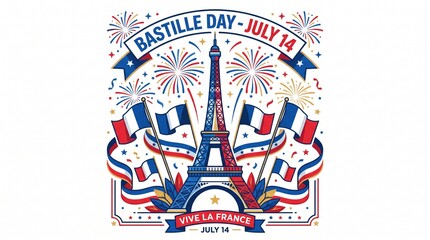 Bastille Day France Poster with Eiffel Tower, Fireworks and French Flag, July 14 National Day Illustration