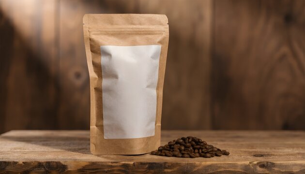Close up of kraft paper coffee bag with whole beans on wooden table in warm natural light