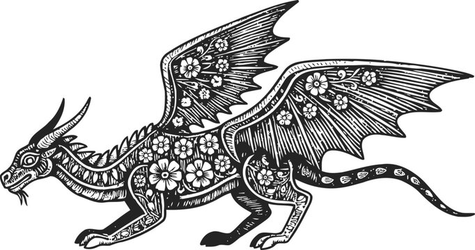Floral dragon engraving mythical creature with wings decorated with flowers and detailed line art
