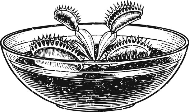 engraving venus flytrap plant in bowl carnivorous insect eating botanical illustration