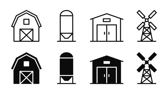 Farm buildings and agricultural structures icon set including silos and barns with agriculture windmill building