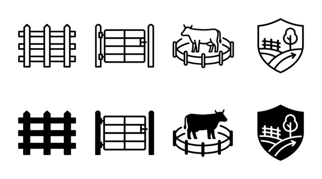 Rural farm fencing and livestock containment icon set with livestock agriculture boundary security protection