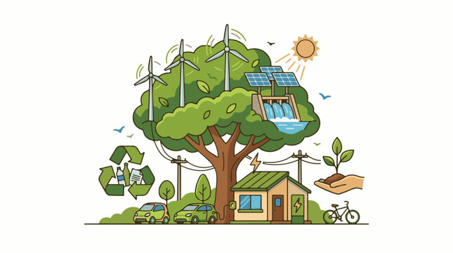 Sustainable energy sources powering a home and community with eco-friendly transport