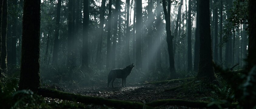 A wolf standing and looking up in forest with sun rays shining through trees