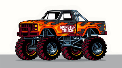 Flat Vector Illustration of a Monster Truck with Flame Graphics and Large Tires, Parked on a Gray Surface Against a White Background, Bold Graphic Design © Leandri