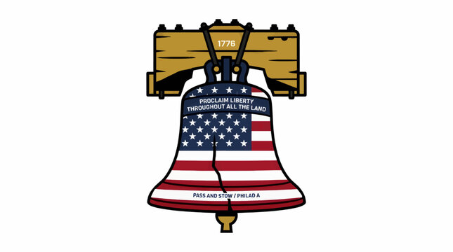 Flat Vector Illustration of the Liberty Bell with American Flag Design, "1776" and "Proclaim Liberty" Text, Cracked Surface, Isolated on White Background