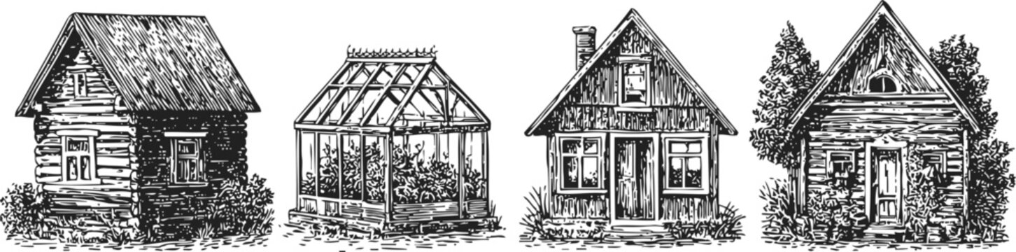 Hand drawn vintage wooden cabins rustic forest homes detailed sketch set illustration