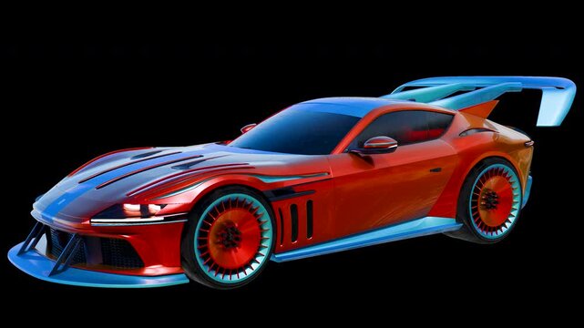 Futuristic red sports car with blue aerodynamic spoiler, sleek modern supercar on black background, high-performance racing vehicle concept