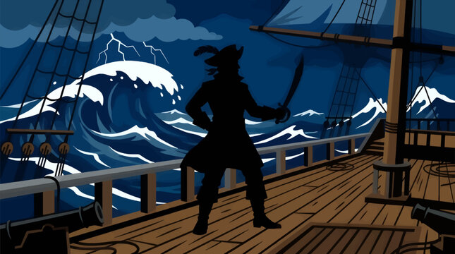 Flat Vector Illustration of Pirate Captain Silhouette on Ship Deck During Stormy Seas with Large Waves and Lightning, Holding Cutlass, Nautical Adventure Theme
