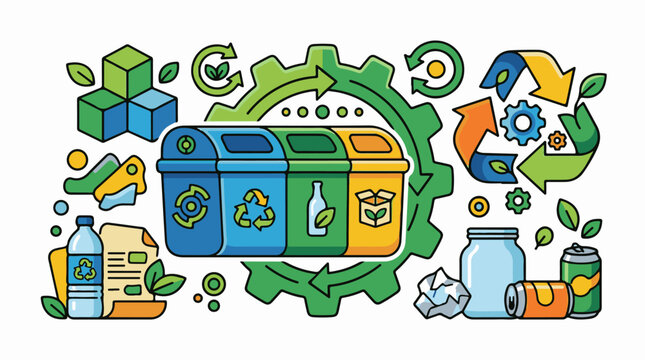 Recycling bins and symbols with gears and recyclable items