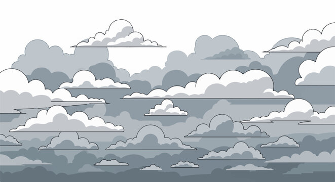 A monochrome stylized layered composition of various cloud shapes against a white sky