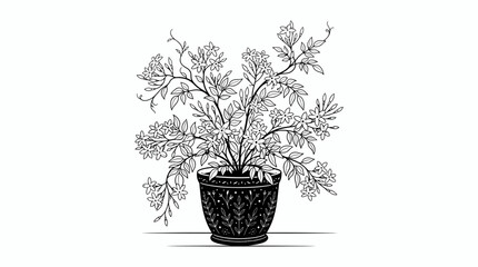 A potted melati plant with white and black flowers stands in a decorative pot indoors. © Wikwik