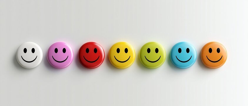 Colorful smiley face badges arranged in a line on plain background