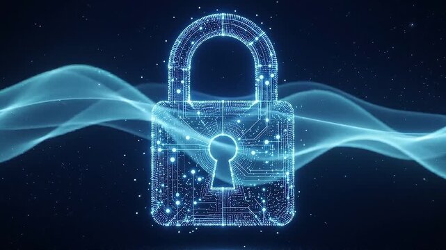 Cyber security concept featuring glowing digital lock symbolizing advanced defense technology protecting data within futuristic network environment enhanced by blue light waves and digital patterns