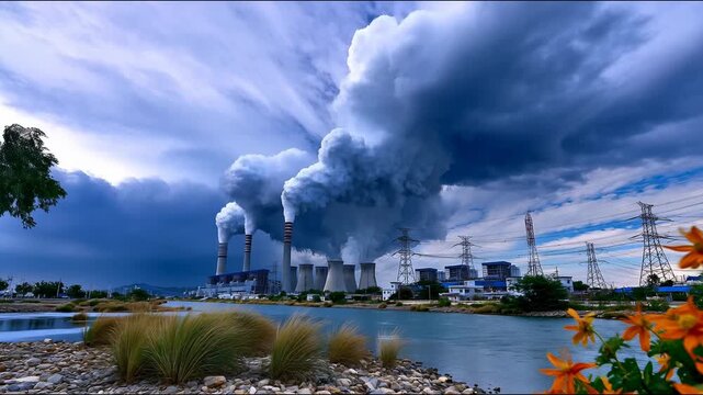 The factory  with its chimneys  pollutes the air  providing a sobering backdrop to discussions about environmental issues and the impact of industry on nature.