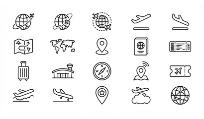 Fototapeta premium Travel, Tourism, and Flight Line Icon Set