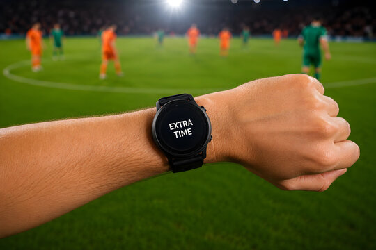 Referee checking smartwatch showing extra time during football soccer match on the pitch