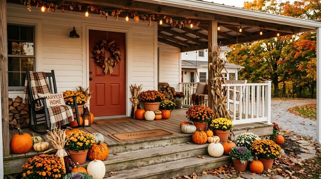 Decorating a rustic farmhouse porch with pumpkins and autumn flowers in a cozy seasonal atmosphere