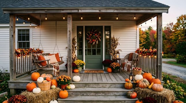 Decorating a rustic farmhouse porch with pumpkins for the autumn season