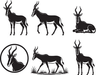 Naklejka premium Red Hartebeest Silhouette Icon Set Collection Black Vector Savanna Antelope Wildlife Symbols Isolated on White Background