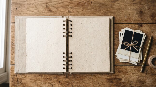 Nostalgic flatlay of an open empty ring bound scrapbook with vintage polaroid frames on oak wood