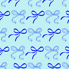 Obraz premium Seamless blue ribbon bow pattern on soft light blue background. Cute elegant hand drawn repeat with flowing bows, kawaii minimalist feminine aesthetic style, modern bow ornamental charm, vector