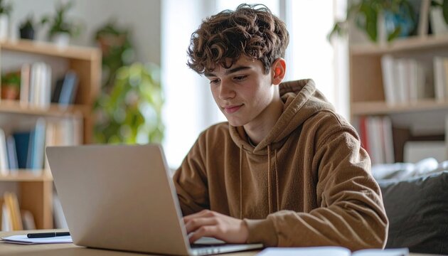 Teenager studying with laptop in cozy room, plants, soft focus background, educational vibe 